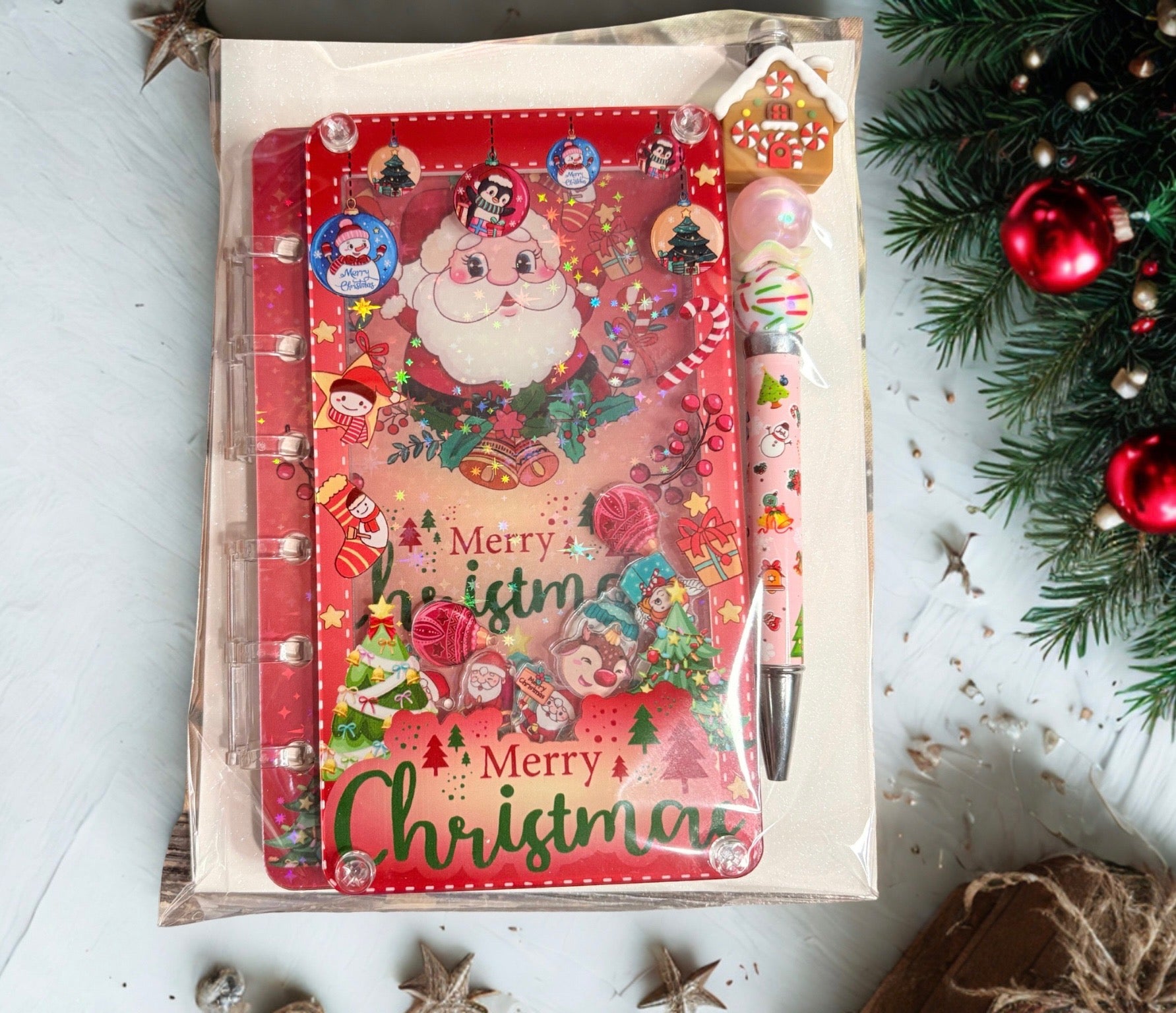Holiday Acrylic Refillable Shaker Notebook & Pen Set | Christmas Stationery Gifts
