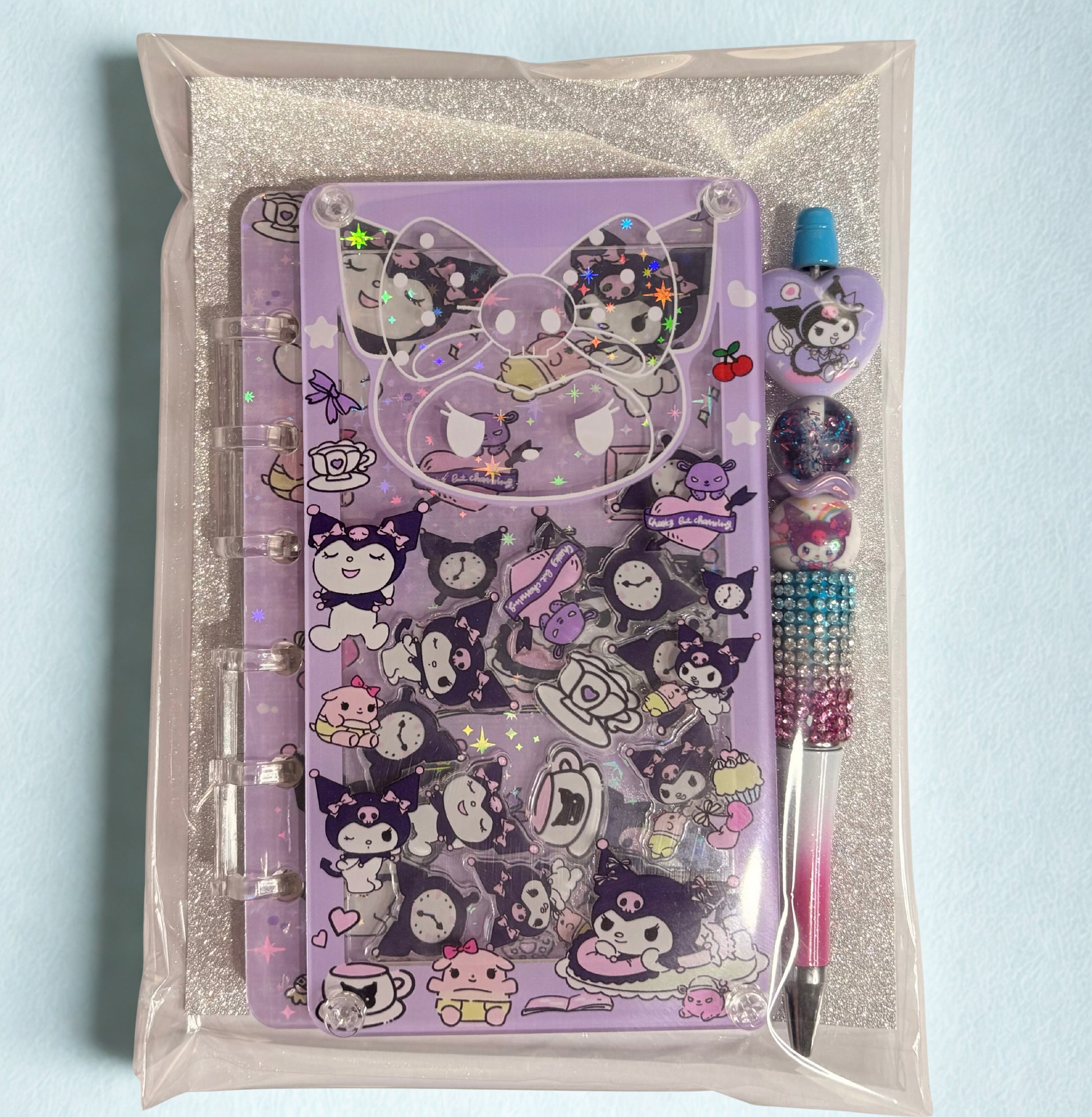 Kuromi Acrylic Refillable Shaker Notebook & Pen Set | Christmas Stationery Gifts