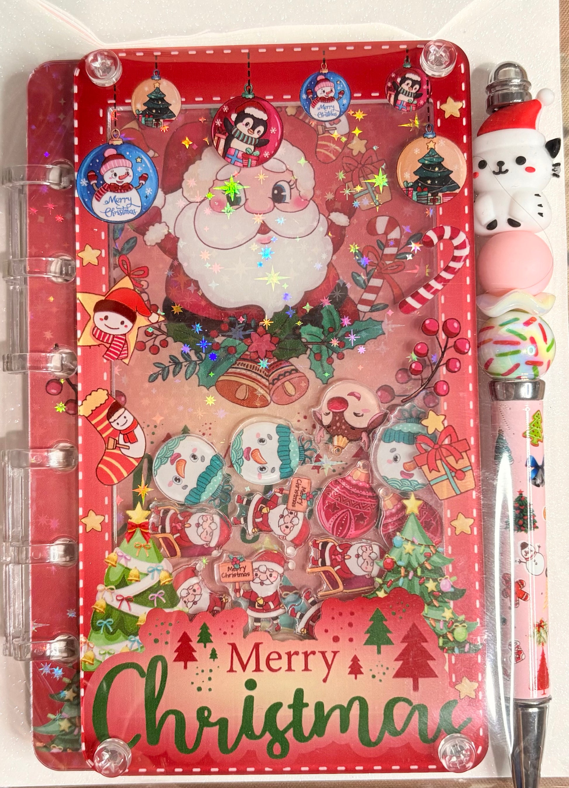Holiday Acrylic Refillable Shaker Notebook & Pen Set | Christmas Stationery Gifts