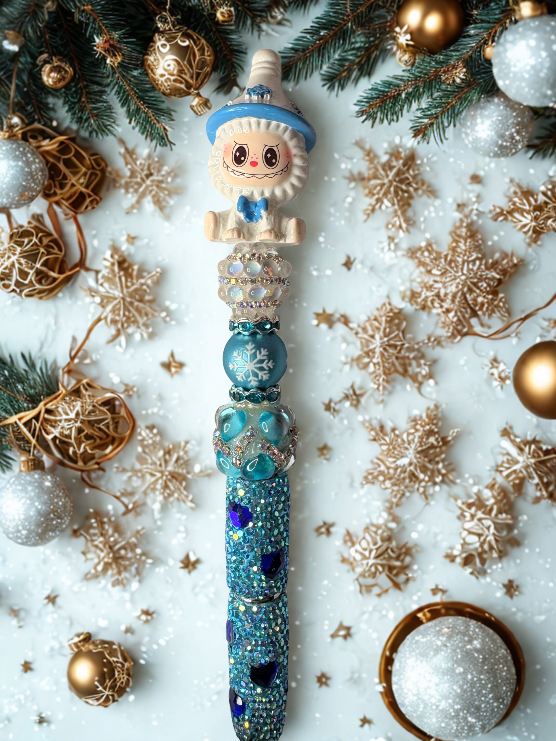 White and Blue Monster Inspired Handmade Beaded Pen