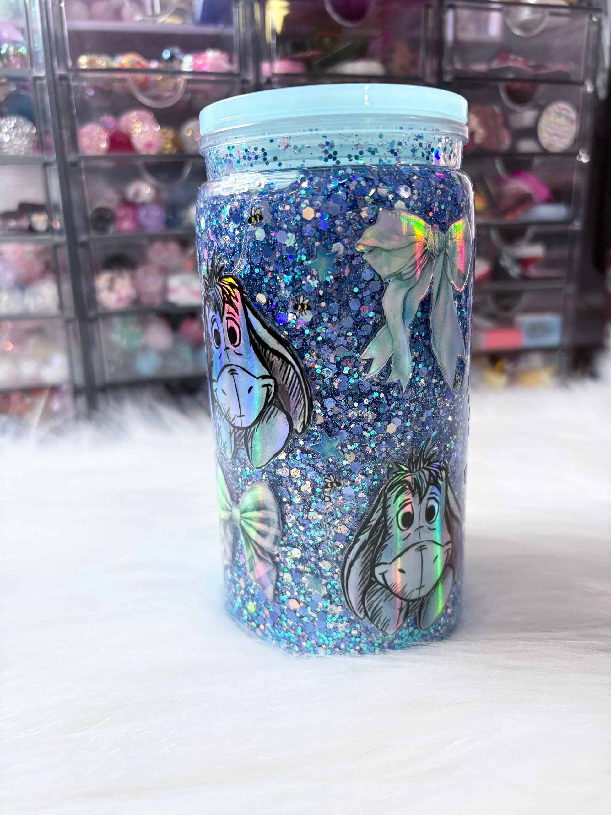 16oz Acrylic Snow Globe Tumbler – Eeyore Blue & Silver Glitter - Acrylic Lid/Straw