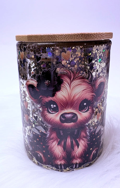 15oz Snowglobe Mug with Straw/Bamboo Lid- Black Gold Highland Cow