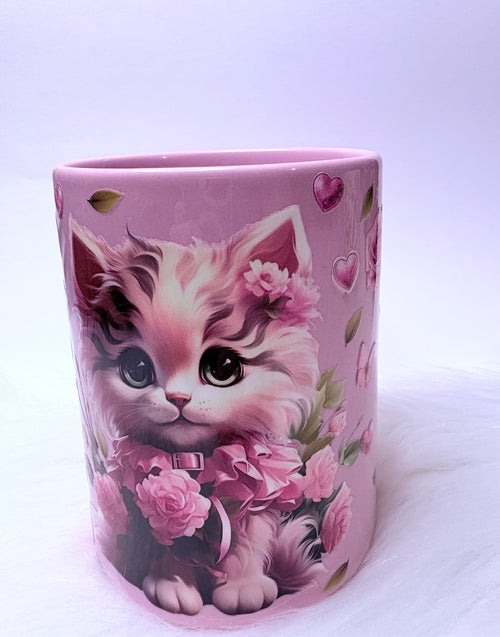 15oz Coffee Mug - Pink Cat/Flowers
