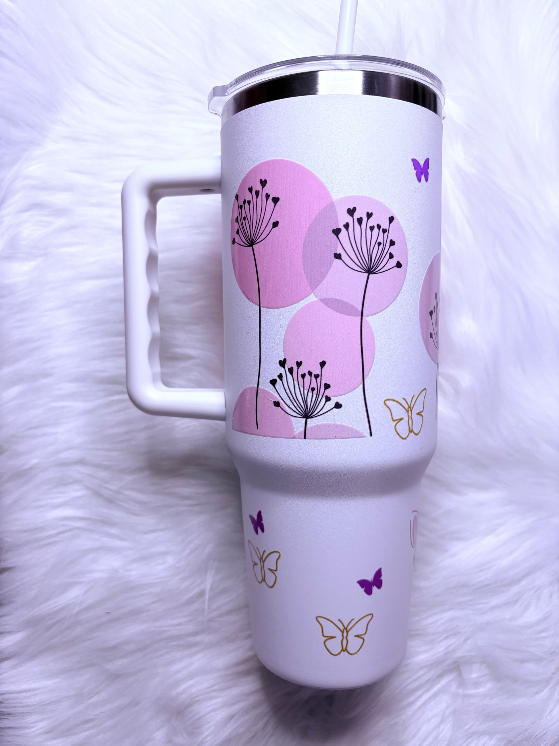 40oz Stainless Steel Tumbler - White Gold Purple Flowers Butterflies