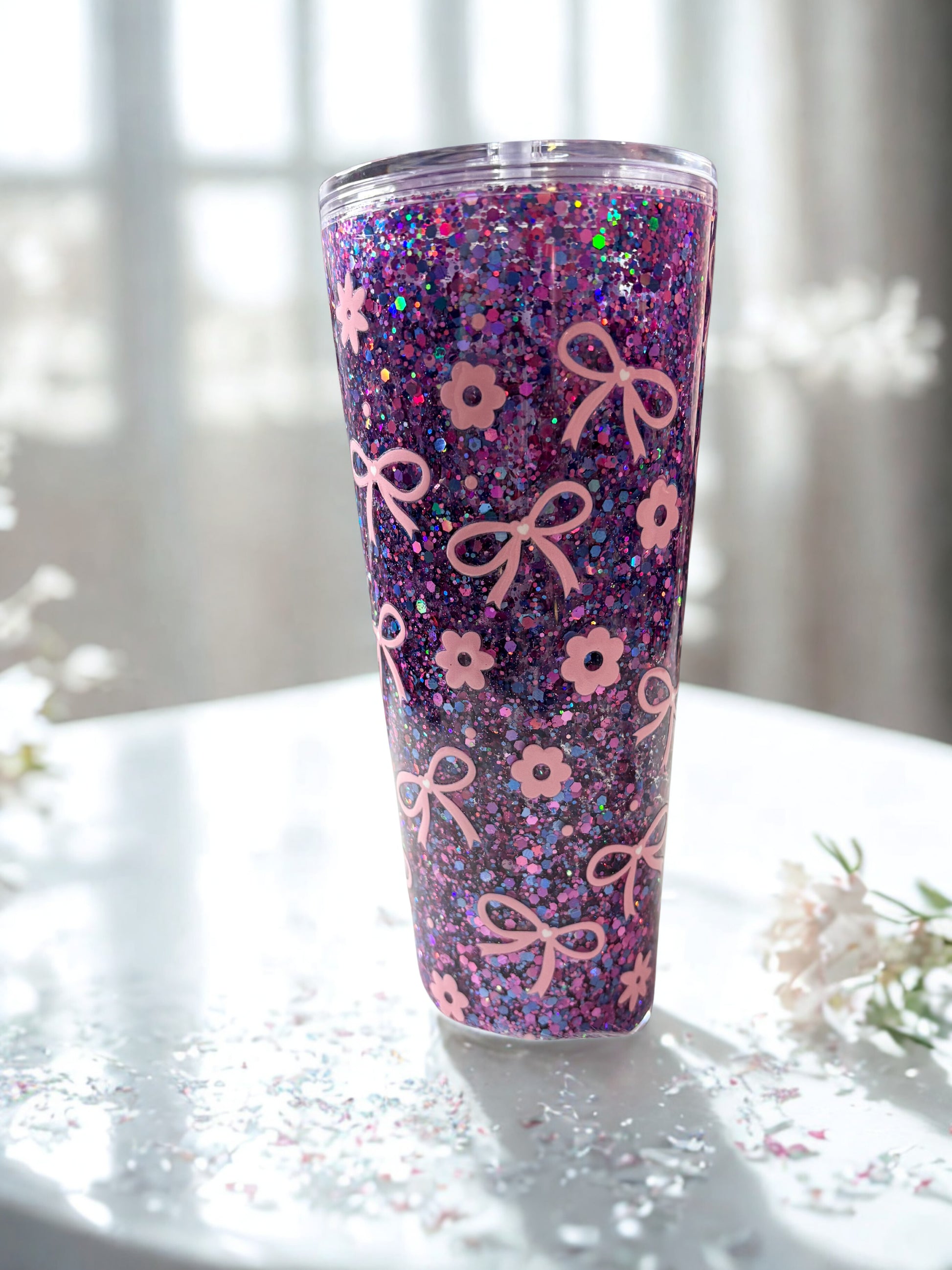 24oz Acrylic Snowglobe Tumbler - Purple/Pink Bows