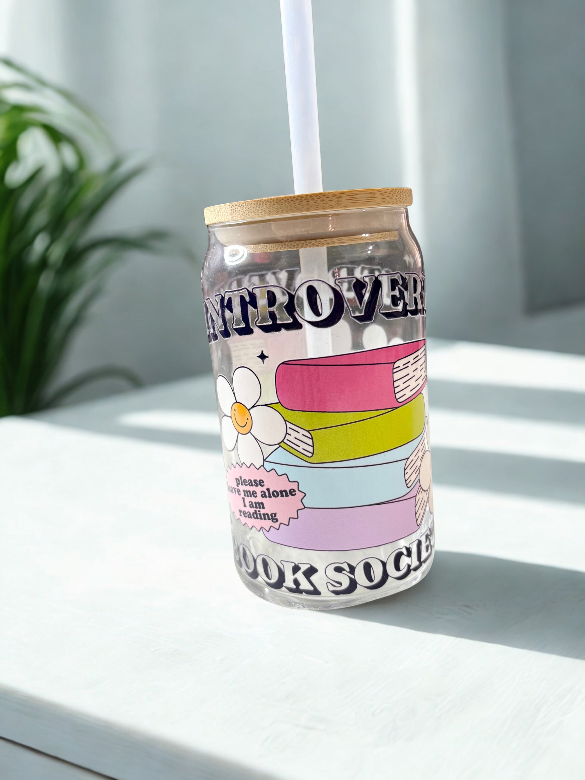16oz Glass Beer Can Style Cup w/ Bamboo Lid/Straw - Introvert Book Society
